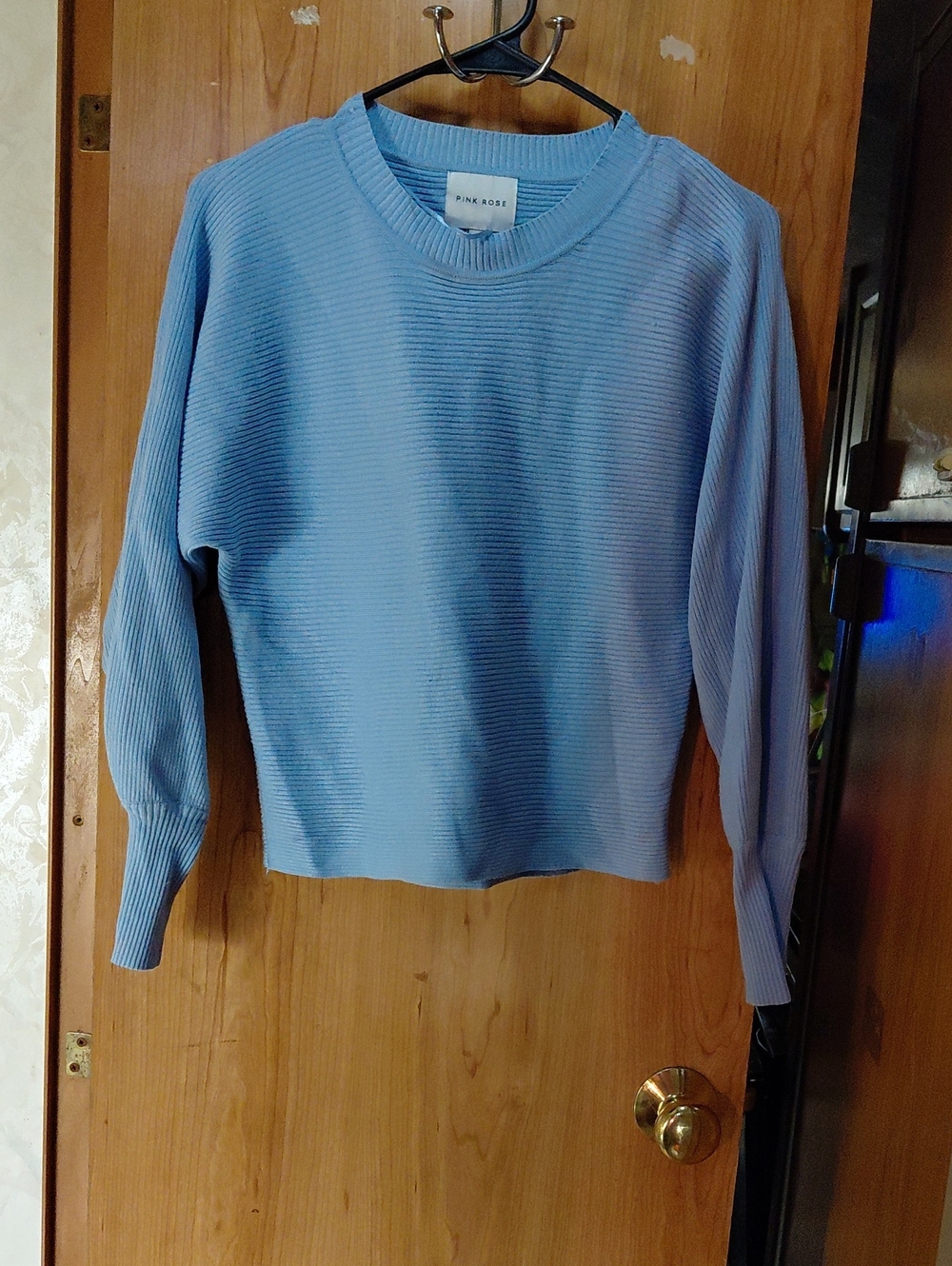 PINK ROSE Pastel Blue Ribbed Crewneck Sweater